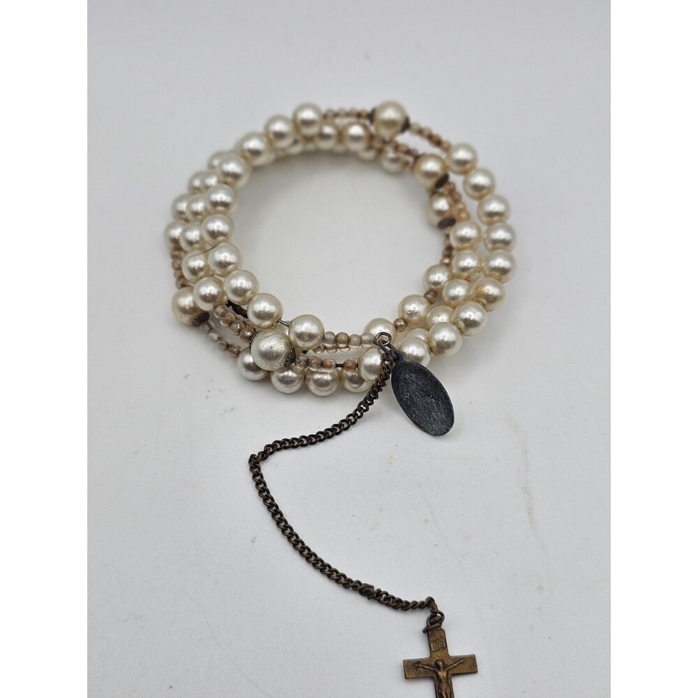 Vintage Faux Pearl Wrap Bracelet Cross Charm Multi Strand